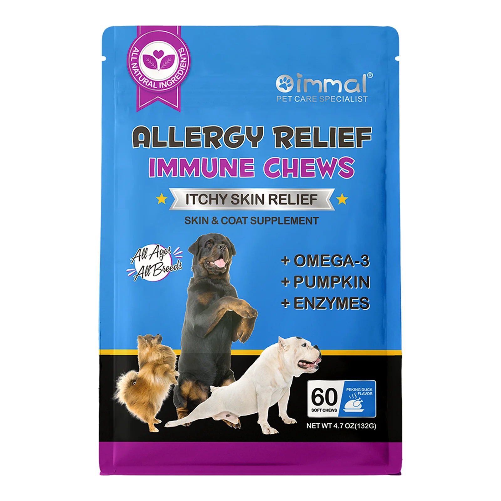 Dog Allergy Relief Chews Anti-Itch Skin & Coat Supplement Omega 3  60 Relief Treatment Pills Pumpkin Enzymes Peking Duck Flavor