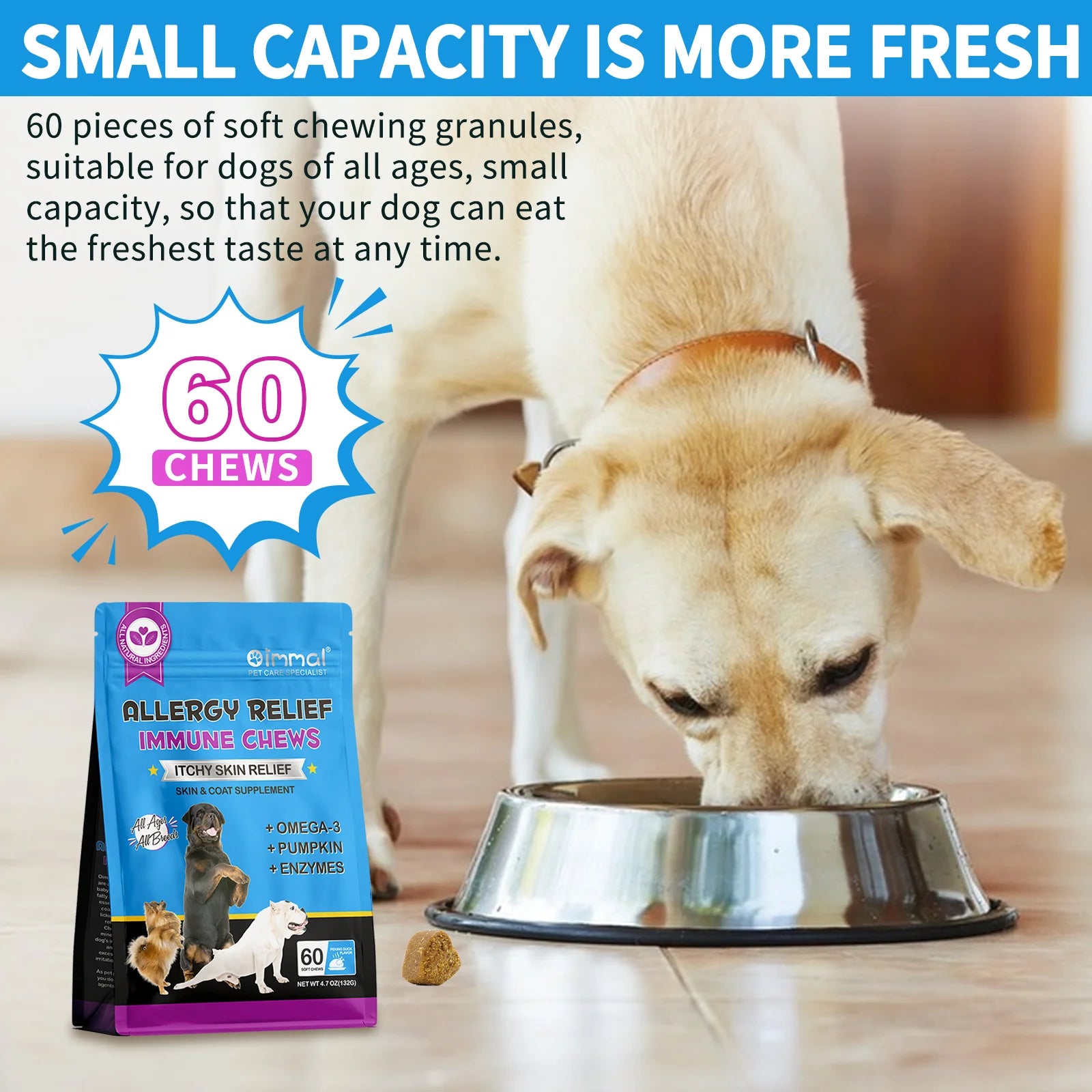 Dog Allergy Relief Chews Anti-Itch Skin & Coat Supplement Omega 3  60 Relief Treatment Pills Pumpkin Enzymes Peking Duck Flavor
