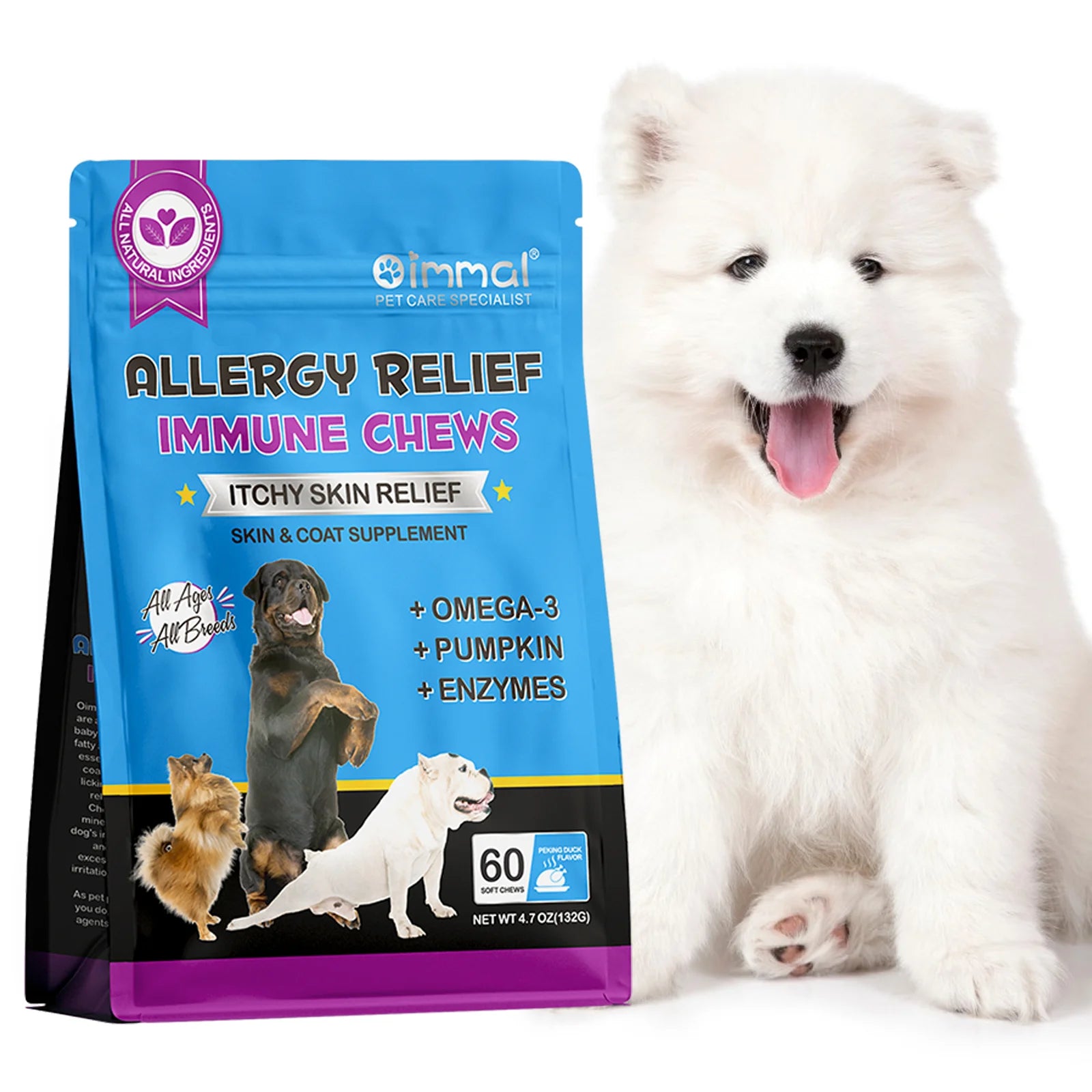 Dog Allergy Relief Chews Anti-Itch Skin & Coat Supplement Omega 3  60 Relief Treatment Pills Pumpkin Enzymes Peking Duck Flavor