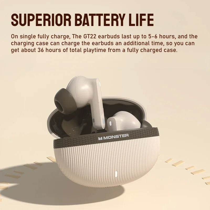 Monster GT22 Wireless Headphones Bluetooth5.3 Earphones TWS Earbuds In-Ear Stereo Sports Waterproof Headsets Built-in Mic