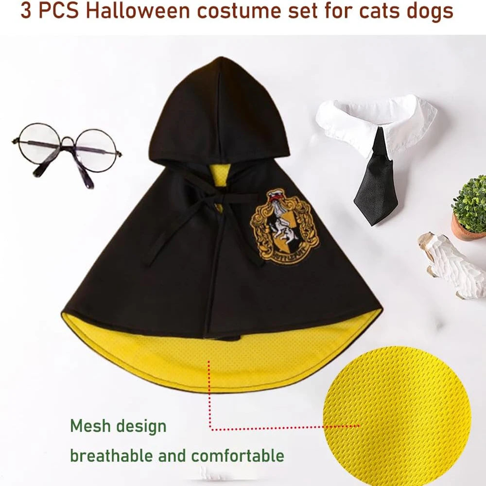 3PCS Halloween Dog Costume Cat Wizard Cape Glasses Necktie Halloween Puppy Outfit Pet Cosplay Apparel for Kitten Cat Small Dogs