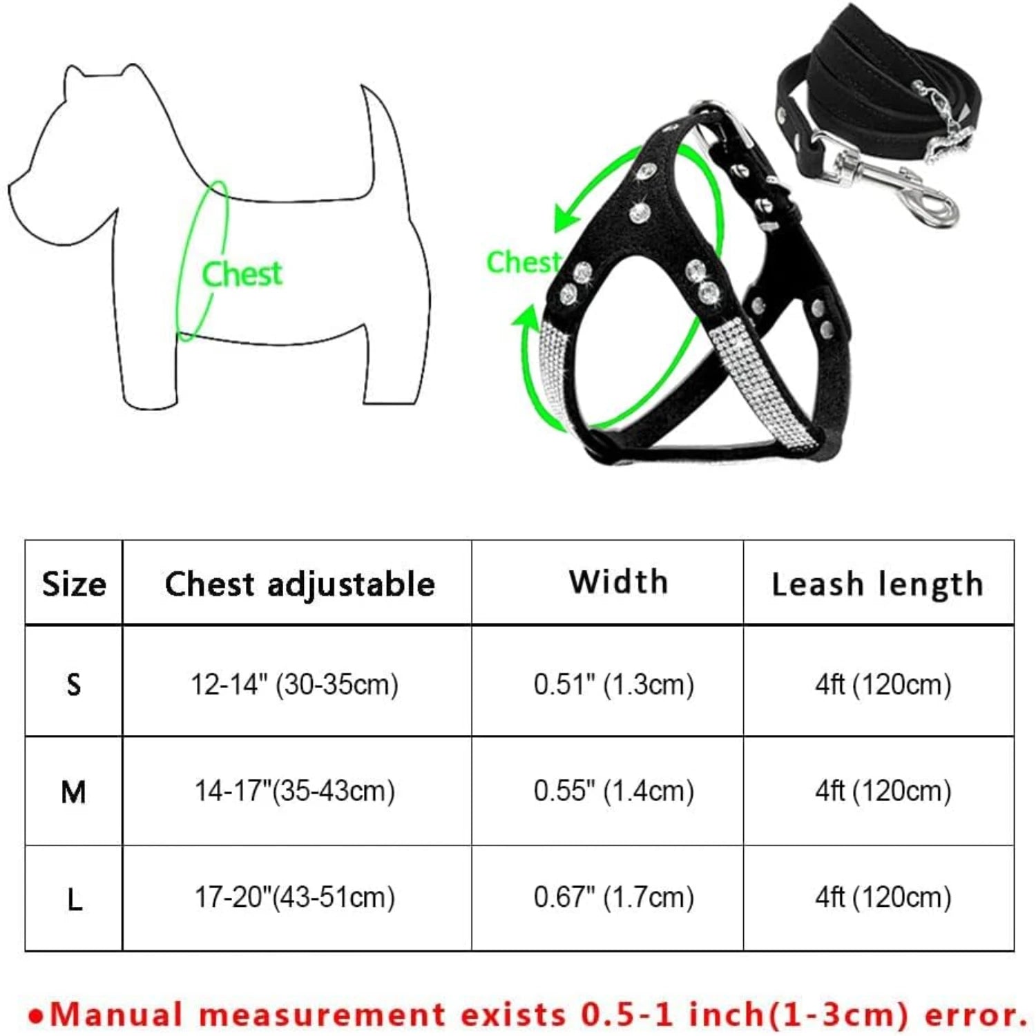 Crystal Soft Suede Leather Dog Harness & Leash Set - Stylish Red Vest for Small Medium Large Dogs - Adjustable Chest 17-20