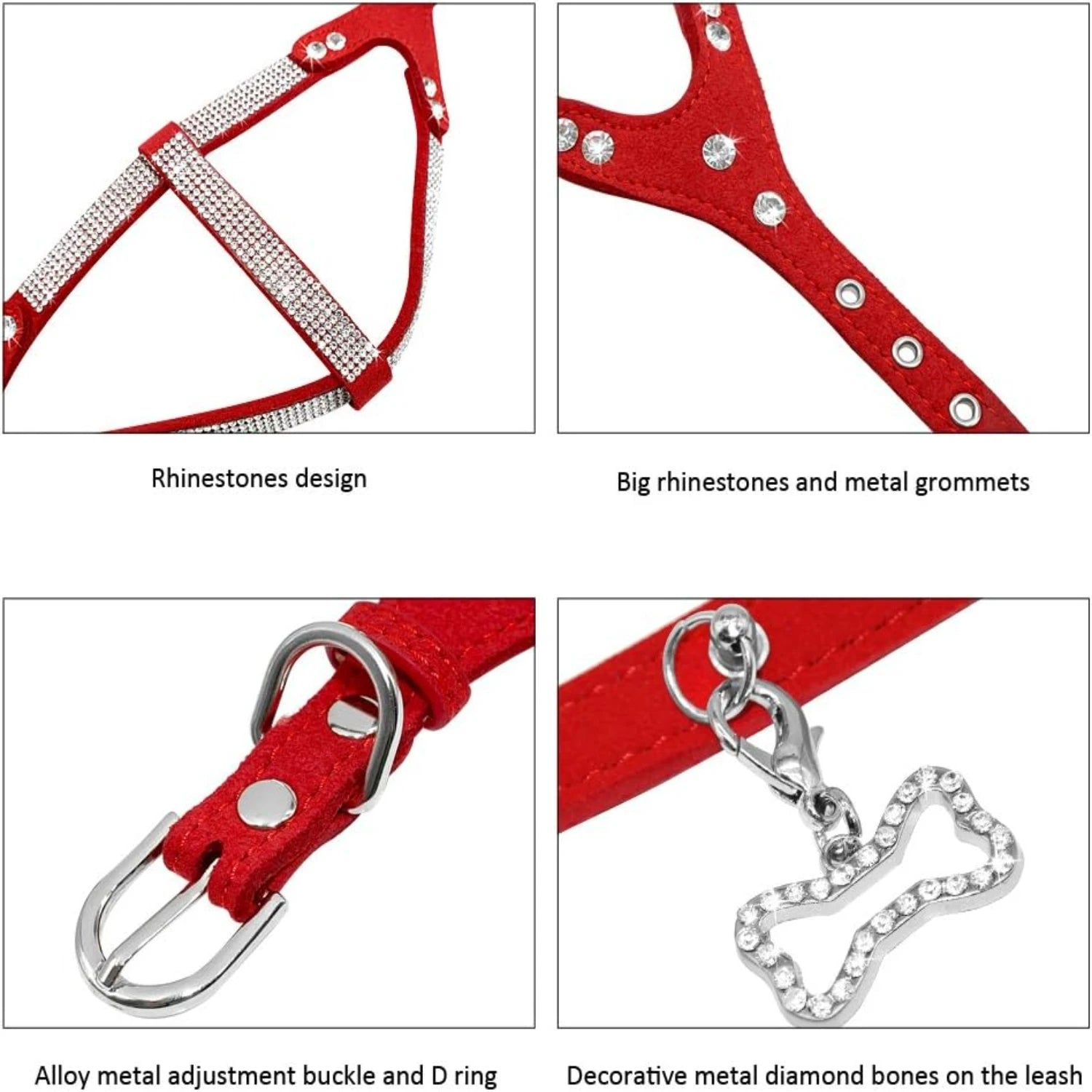 Crystal Soft Suede Leather Dog Harness & Leash Set - Stylish Red Vest for Small Medium Large Dogs - Adjustable Chest 17-20