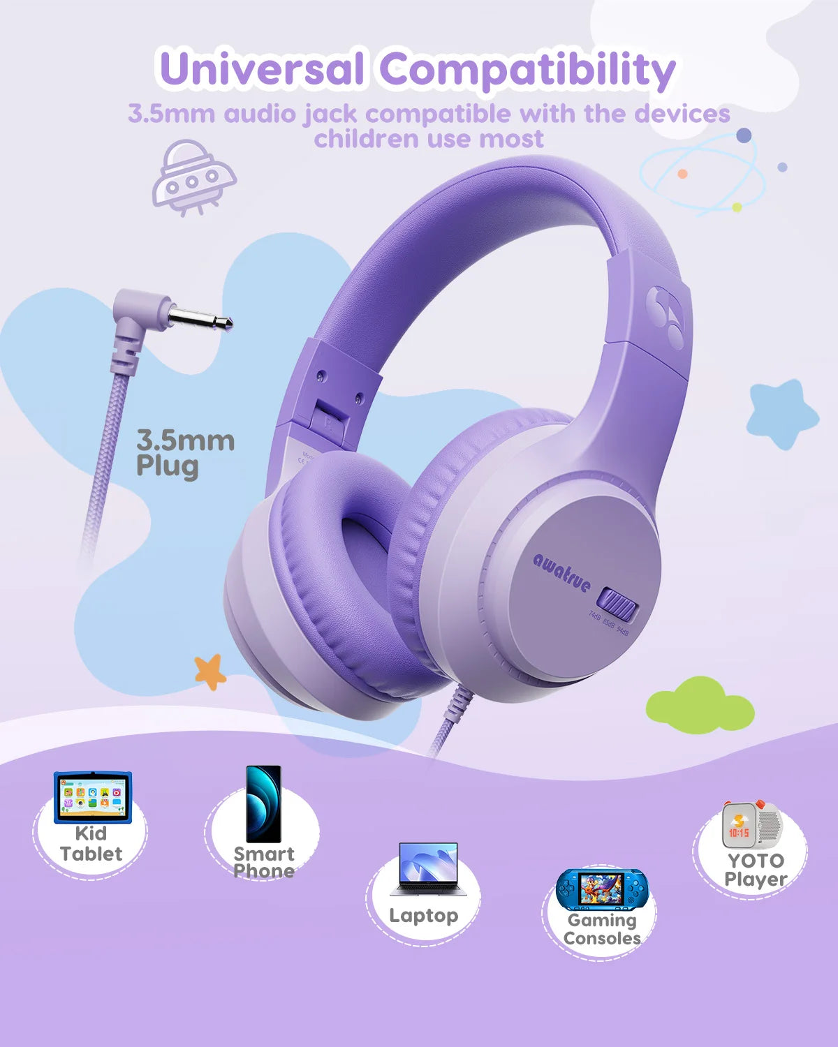 Awatrue Kids Headphones with Cord for School Stereo Sound 3.5mm Jack Wired Over-Ear Study Headphones for Boys Girls Gifts HK07