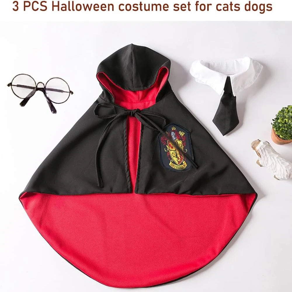 3PCS Halloween Dog Costume Cat Wizard Cape Glasses Necktie Halloween Puppy Outfit Pet Cosplay Apparel for Kitten Cat Small Dogs