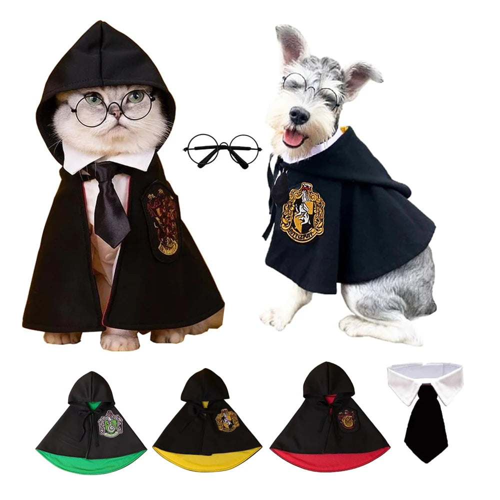 3PCS Halloween Dog Costume Cat Wizard Cape Glasses Necktie Halloween Puppy Outfit Pet Cosplay Apparel for Kitten Cat Small Dogs