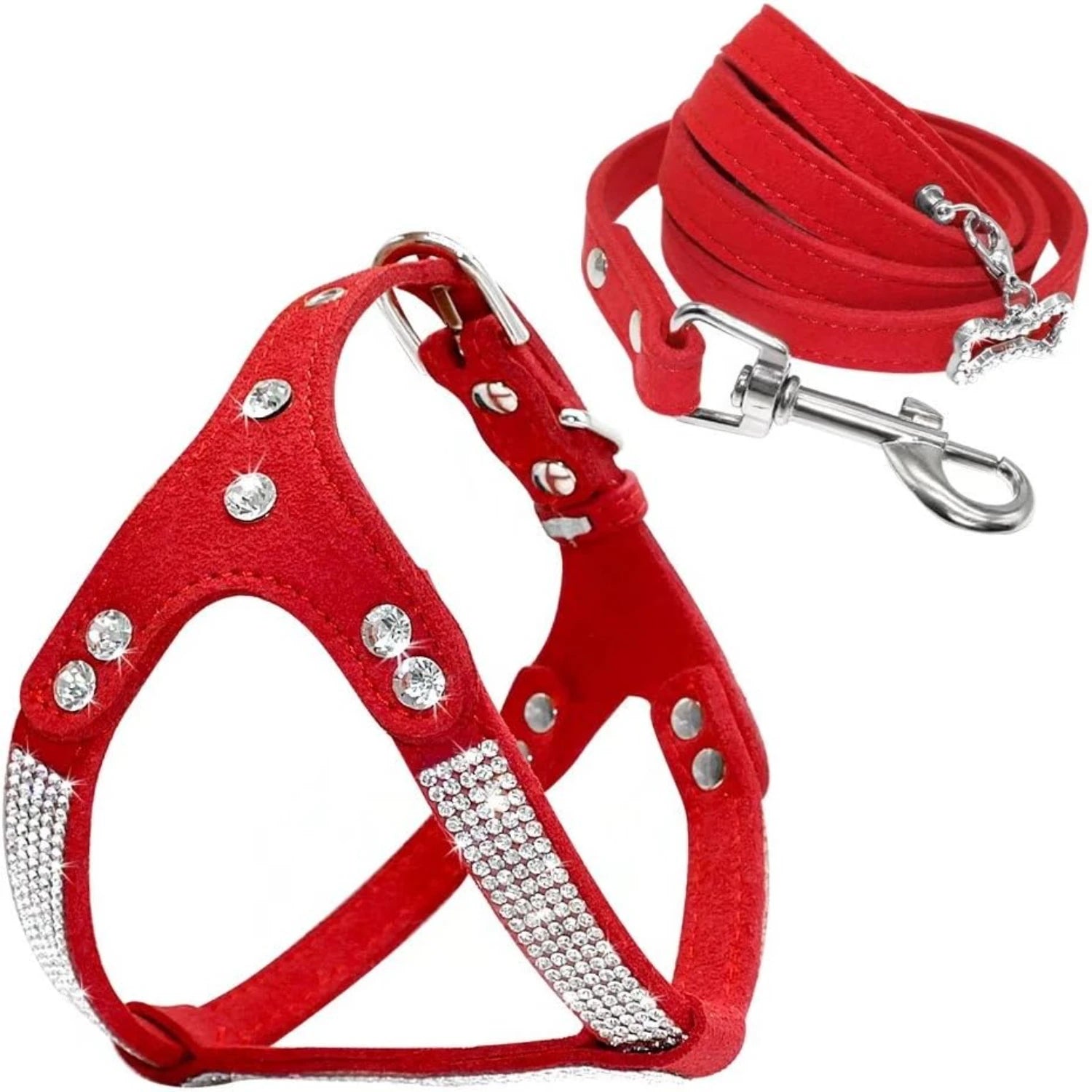 Crystal Soft Suede Leather Dog Harness & Leash Set - Stylish Red Vest for Small Medium Large Dogs - Adjustable Chest 17-20