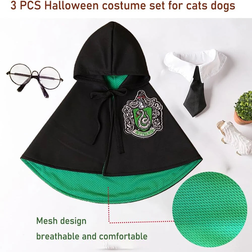 3PCS Halloween Dog Costume Cat Wizard Cape Glasses Necktie Halloween Puppy Outfit Pet Cosplay Apparel for Kitten Cat Small Dogs