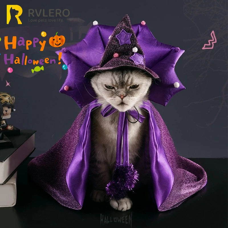 Funny Star Cat Witch Cloak Cloth Purple Halloween Pet Witch Cloth Soft Witch Hat Dog Cats Witch Costume Cosplay Halloween Party